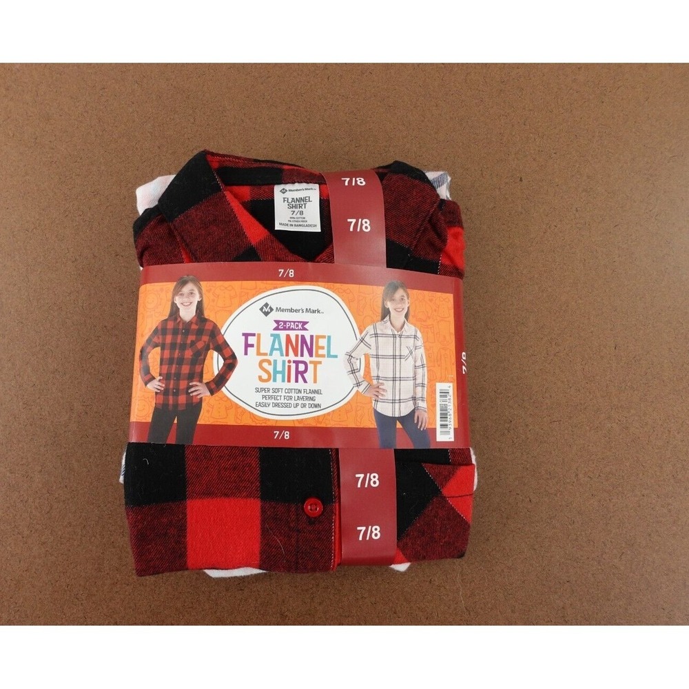 Members Mark Girls Size 7/8 Colorful Plaid Flannel 2 Pack Long Sleeve Shirts NWT